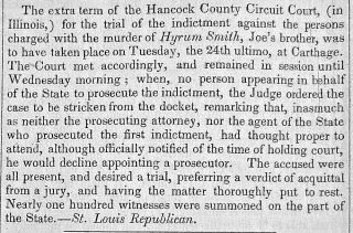 Mormons - Trial For Murderers Of Hyrum Smith Stricken From Docket 1845 Newspaper