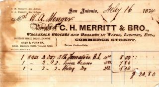 1874 C.  H.  Merritt Billhead Ales & Porter Dealer Menger Hotel San Antonio Texas