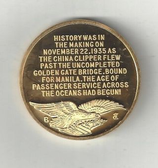 1935 CHINA CLIPPER PAN AM AMERICAN AIRLINES AIRPLANE 24K GOLD BRONZE MEDAL COIN 2