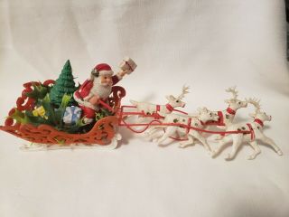 Vintage Plastic Santa Claus Reindeer Flocked Sleigh