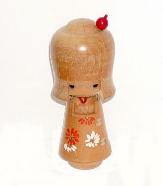 Signed Japanese Wood Kokeshi Doll Sweet Girl W/ White & Orange Flowered Kimono