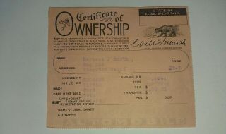1926 Stockton Ca Certificate Of Ownership 1919 Ford Box Back Bear Pink Slip