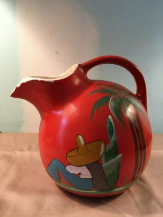 Rare Vintage Tilted Ball Jug Painted Mexican Siesta Red Pottery Painted Pitcher