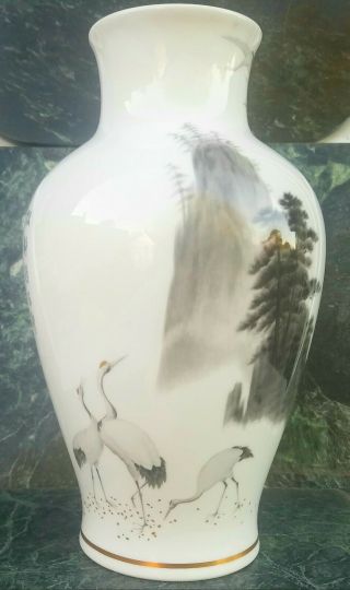 Okura Japan 11 " White Porcelain Vase Cranes Trees Scenic Gray Black Vintage