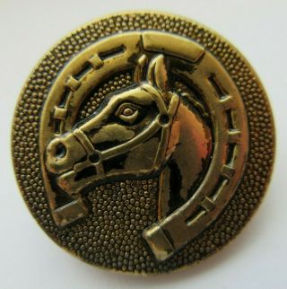 Lovely Antique Vtg Brass Metal Picture Button Bridled Horse & Horseshoe (z)