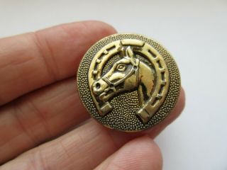 Lovely Antique Vtg Brass Metal Picture BUTTON Bridled Horse & Horseshoe (Z) 2