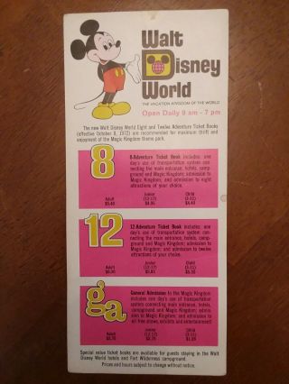 Vintage 1972 Walt Disney World Ticket Price Brochure Mickey Mouse Magic Kingdom