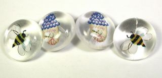 Bb Vintage Lucite Button Set Of 4 Honey Bee & Hive Designs Aprox 1 "