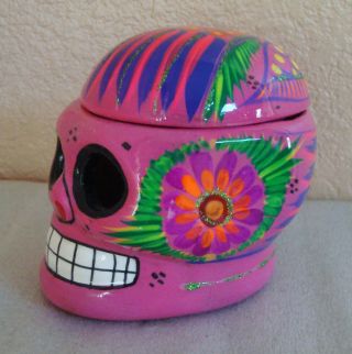 Mexican Folk Art Day Of The Dead Pink Skull Figurine Box Painted Clay Pottery