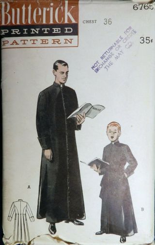 Vtg 1950s Butterick 6765 Clergy Priest Robe Goth Cassock Pattern Men 36 Uncut
