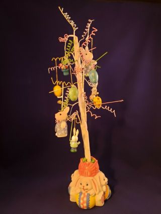 16 " Easter Tree & 12 Ornaments - Ceramic Base With Bunny Rabbits And Eggs