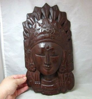 Vintage Hand Carved Wood Indonesian Ladies Face,  Headdress Wall Plaque