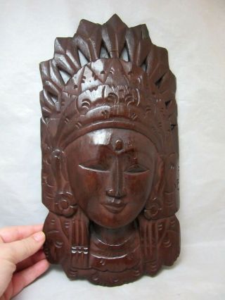 Vintage hand carved wood Indonesian ladies face,  headdress wall plaque 2