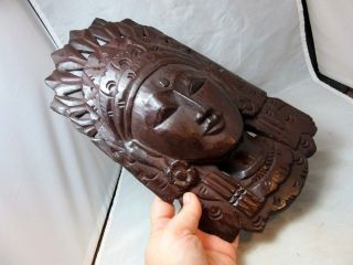 Vintage hand carved wood Indonesian ladies face,  headdress wall plaque 4