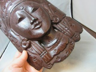 Vintage hand carved wood Indonesian ladies face,  headdress wall plaque 5