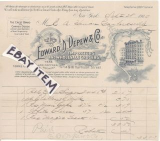 1900 Billhead Edward D Depew & Co.  York Food Grocer Crest Brand Canned Goods