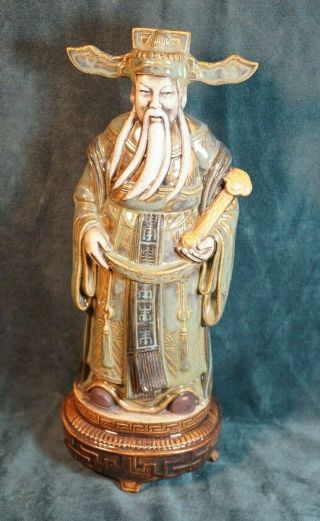 Old Crow Stoneware Chinese Man Figurine Signed 10 " Tall