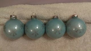 Christmas Ornaments Set Of 4 Glass Powder Blue Round With Snowflakes