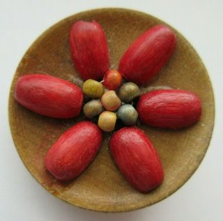 Fantastic Large Antique Vtg Carved Wood Button Wood Bead Design 1 - 1/4 " (t)