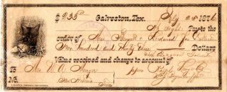 1876 Iou Note Galveston Texas To Menger Hotel San Antonio Texas Fox Vignette