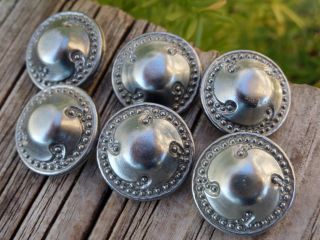 (6) Vintage German Glass Buttons Silver Over Black Glass Western Style Molded