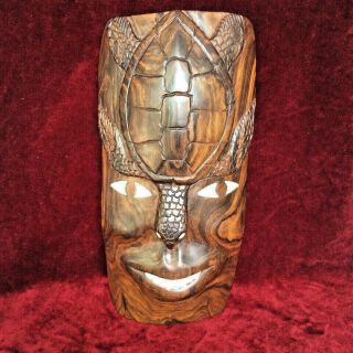 Vintage Turtle Man Face Mask Solomon Islands Carved Wood Pearl Shells Wall - Hang