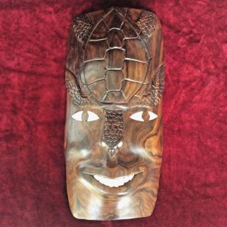 Vintage Turtle Man Face Mask Solomon Islands Carved Wood Pearl Shells Wall - Hang 4