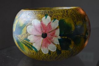 Vtg Mexican Pottery Planter Hand Painted Yellow Terra Cotta 9 " Diameter