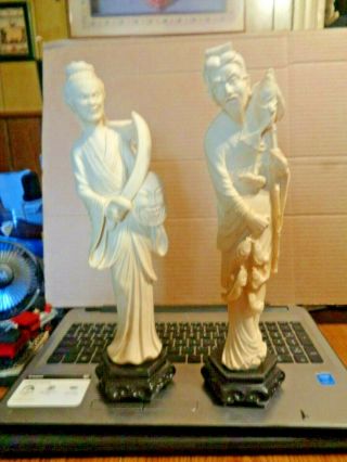 2 Vintage Carved Ivory Color Resin Statue Figurine East Asian Oriental 14 "