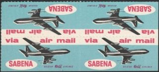 Belgium,  1960.  Sabena Airlines Airmail Label Block