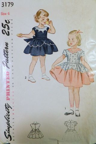 Vtg 1950s Simplicity 3179 Scalloped Full Skirt Dress Sewing Pattern Girl 6