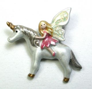 Bb Vintage Enameled Brass Button Fairy Rides Unicorn Realistic 1 & 1/8 "