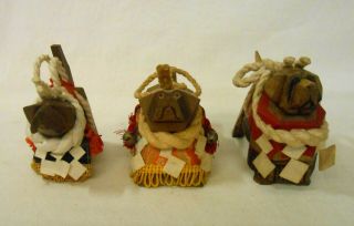 Set Of 3 Japanese Hand Carved Wooden Doll / Tosa - Ken Dog / Souvenir From Kochi
