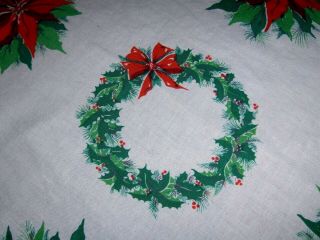 Vintage 1950 ' s Christmas Table Cloth Wreaths and Red Poinsettias Christmas 231 2