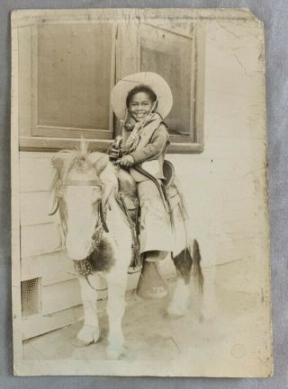 Antique Black Americana Photograph Boy Dressed As Cowboy Riding Pony Horse