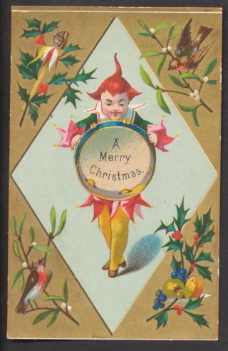 C4220 Victorian Xmas Card: Clown With Drum 1870s