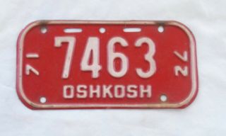 Vintage 1971 - 1972 Oshkosh Wisconsin Bicycle License Plate