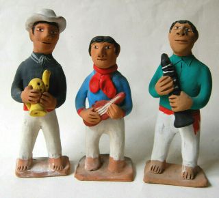3 Vintage Folk Art Clay Pottery Musician Figurines Oaxaca Mexico