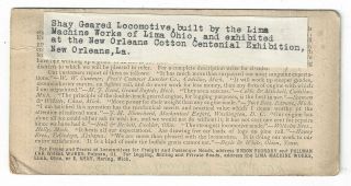 1884 REAL PHOTO ORLEANS EXHIBITION CARD - SHAY TRAIN LOCOMOTIVE - LIMA,  OHIO 2