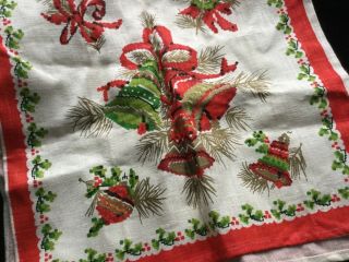 Vintage Christmas Linen Tea Towel - Bells,  Wreaths,  Candy Canes - 28 " X 16 "
