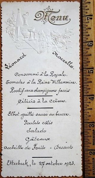 Menu: French 1923 Handwritten W/embossed Vignette - Etterbeek,  Belgium