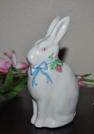 Vtg Easter Figurine White Bunny Rabbit W/bow Flowers Pink Eyes Glazed Japan 1987
