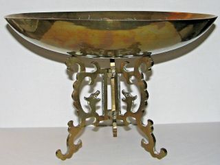 Chinese Double Dragon Flaming Pearl Bronze Brass Bowl / Serpent Stand