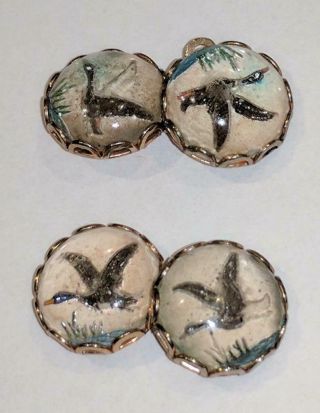 4 Reverse Molded Painted Glass Buttons Metal Or Cuff Links 1/2 " Flying Geese D3