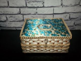 Vtg Wicker Sewing Basket Mid Century Craft Storage Container Floral Turquoise