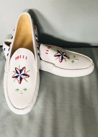 Vintage Native American Indian White Leather Beaded Moccasin Slippers 9 1/2