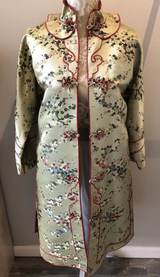 Vintage Golden Floral Hand Embroidered Lined Silk Robe Silk Kimono