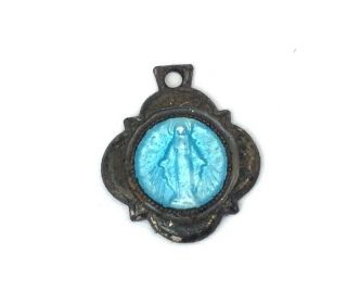 Vintage Virgin Mary Medal Charm Sterling Silver Blue Enamel - Miniature Tiny