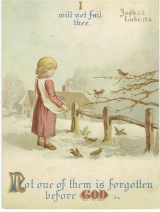 Victorian Christmas Greetings Card Girl Feeding Birds Religious Text