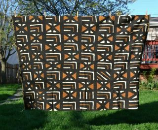 Handwoven African Mud Cloth Fabric From Mali,  Size 52 " X 71 " Black Brown White